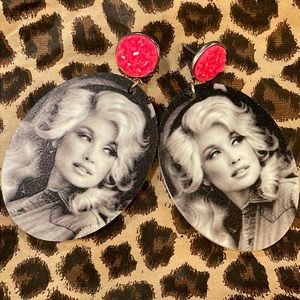 Dolly Pardon Black & White Photo with Hot Pink Acrylic Earrings